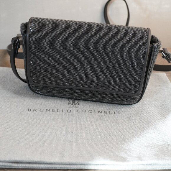 Brunello Cucinelli Monili Crossbody Bag Gunmetal Monili Charcoal Gray Leather - Picture 1 of 12